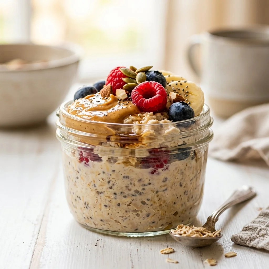 Bowl of high protein overnight oats topped with fruits and nuts