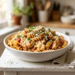 A bowl of high protein pasta with fresh vegetables and herbs