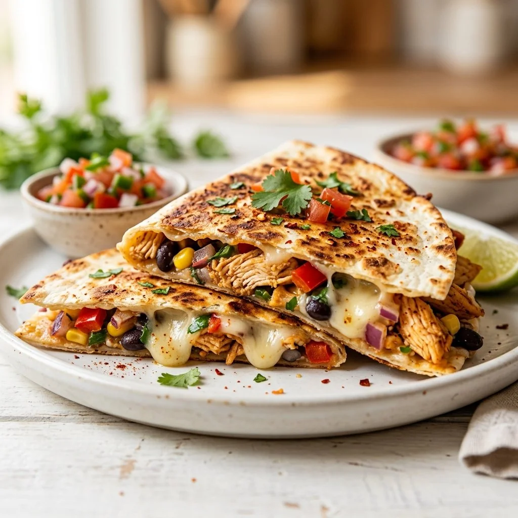 Healthy high protein quesadilla with cheese and colorful vegetables