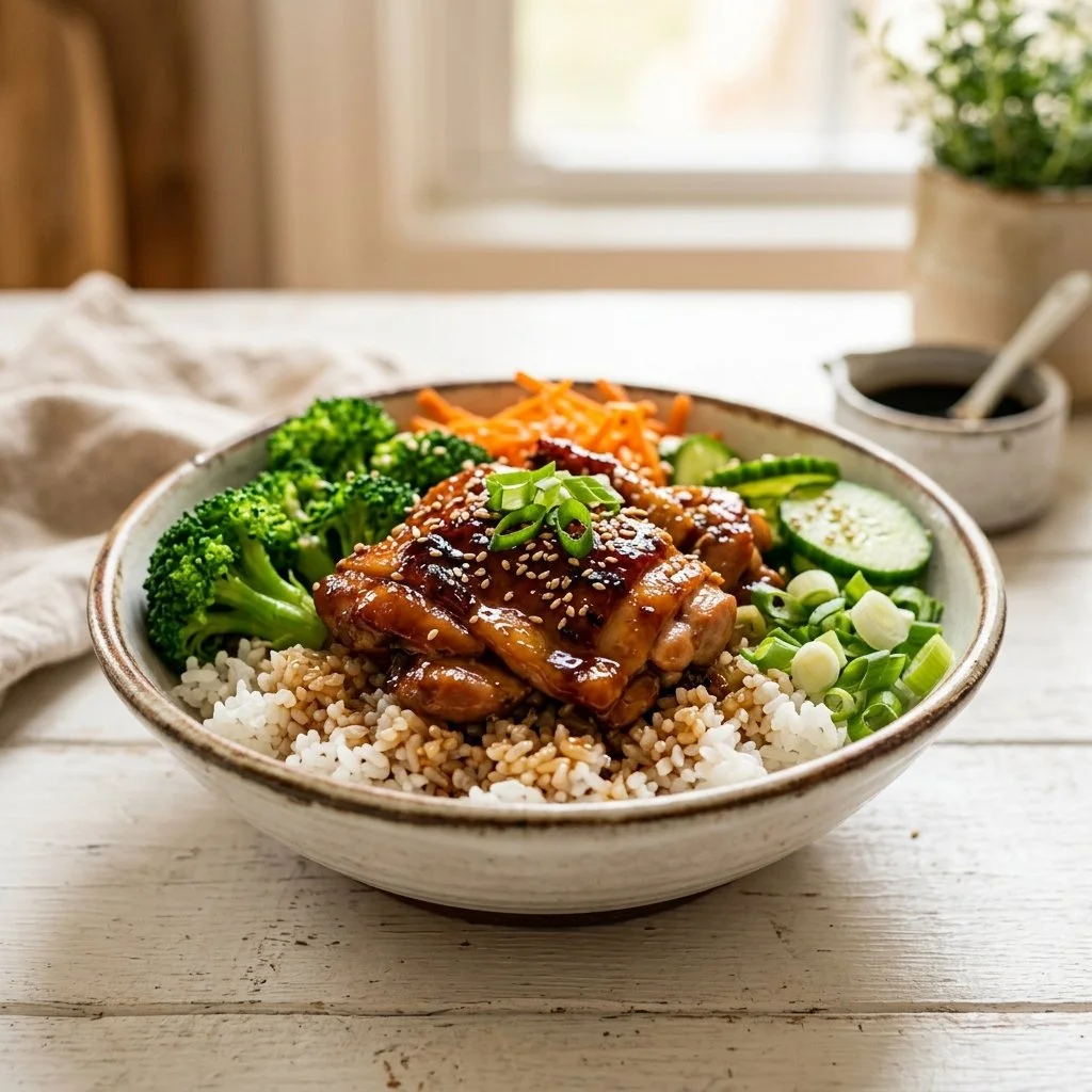 High protein rice bowl with vibrant vegetables and grilled chicken