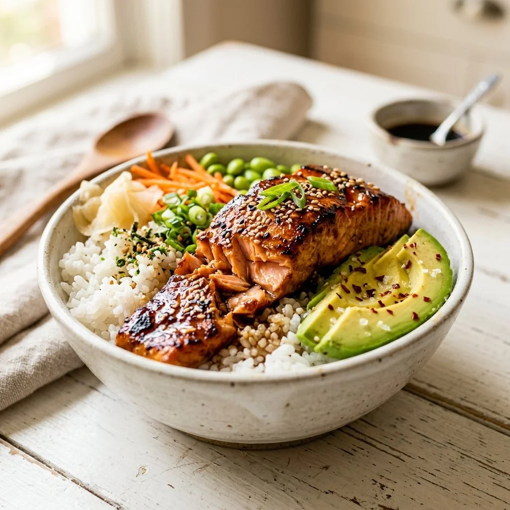High protein salmon bowl with fresh vegetables and grains