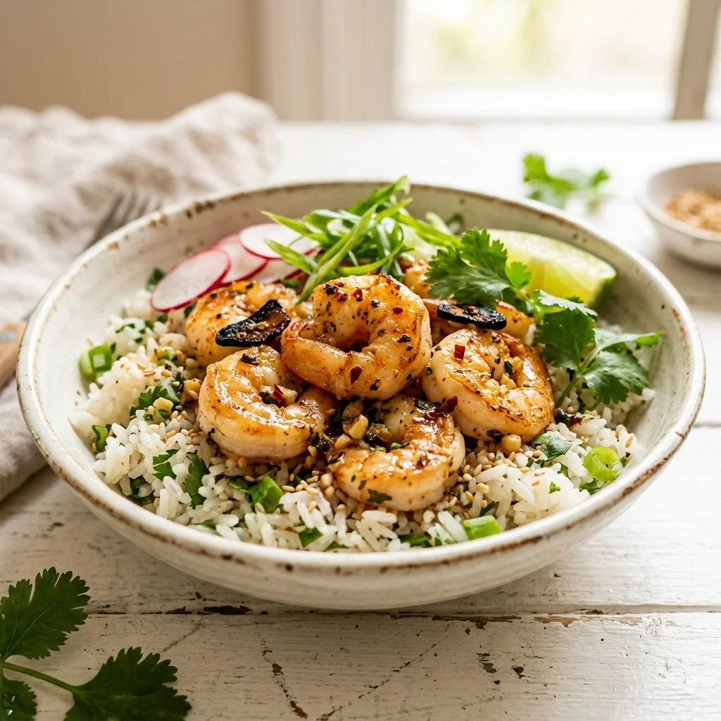 High protein shrimp bowl with colorful vegetables and grains