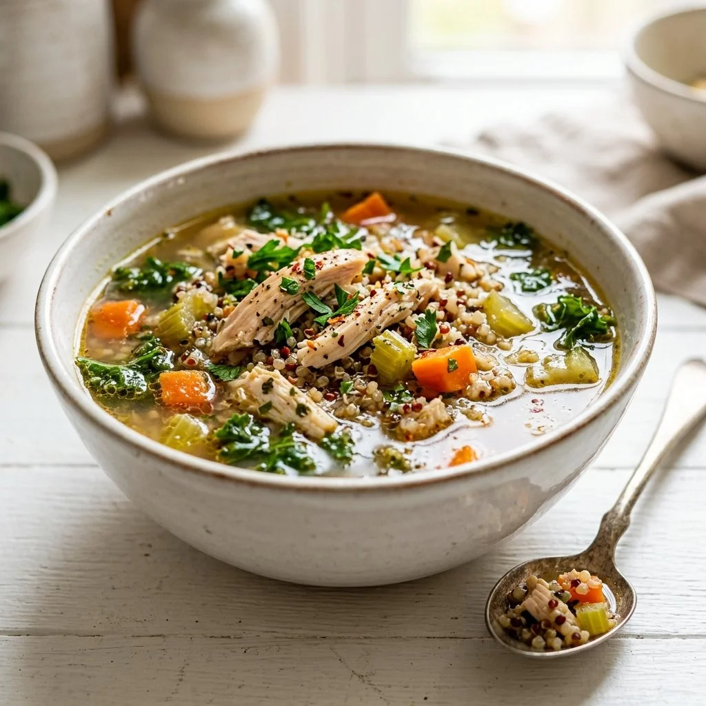 Bowl of high protein soup filled with vegetables and legumes