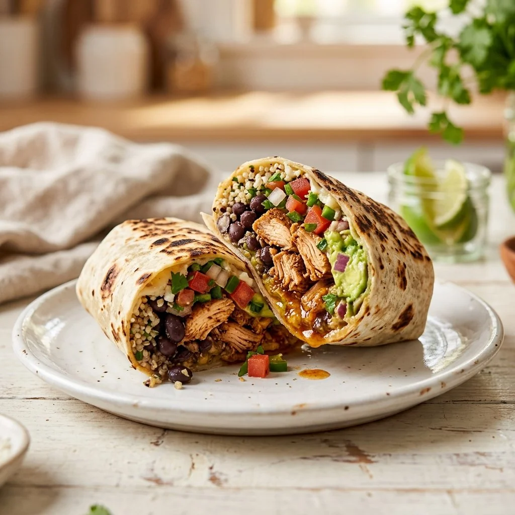 High protein wrap filled with fresh vegetables and lean protein sources