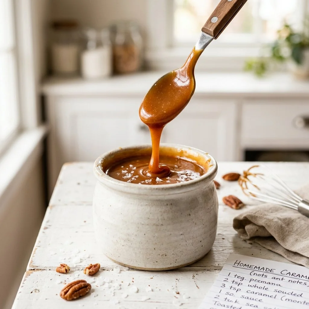 A jar of homemade caramel sauce drizzled over a dessert