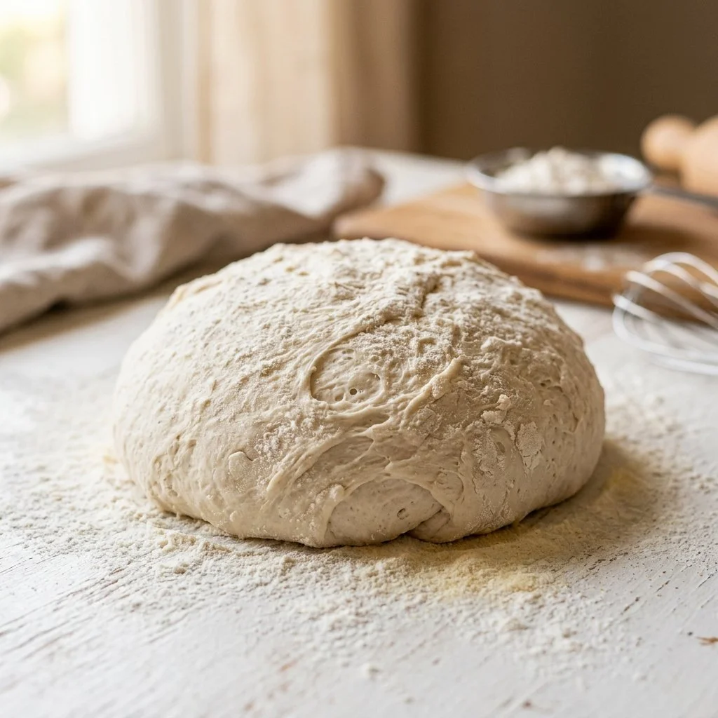 A freshly made homemade pizza dough ball ready for baking.