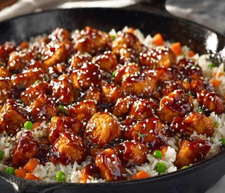 Delicious plate of Honey BBQ Chicken served over rice with fresh garnishes.
