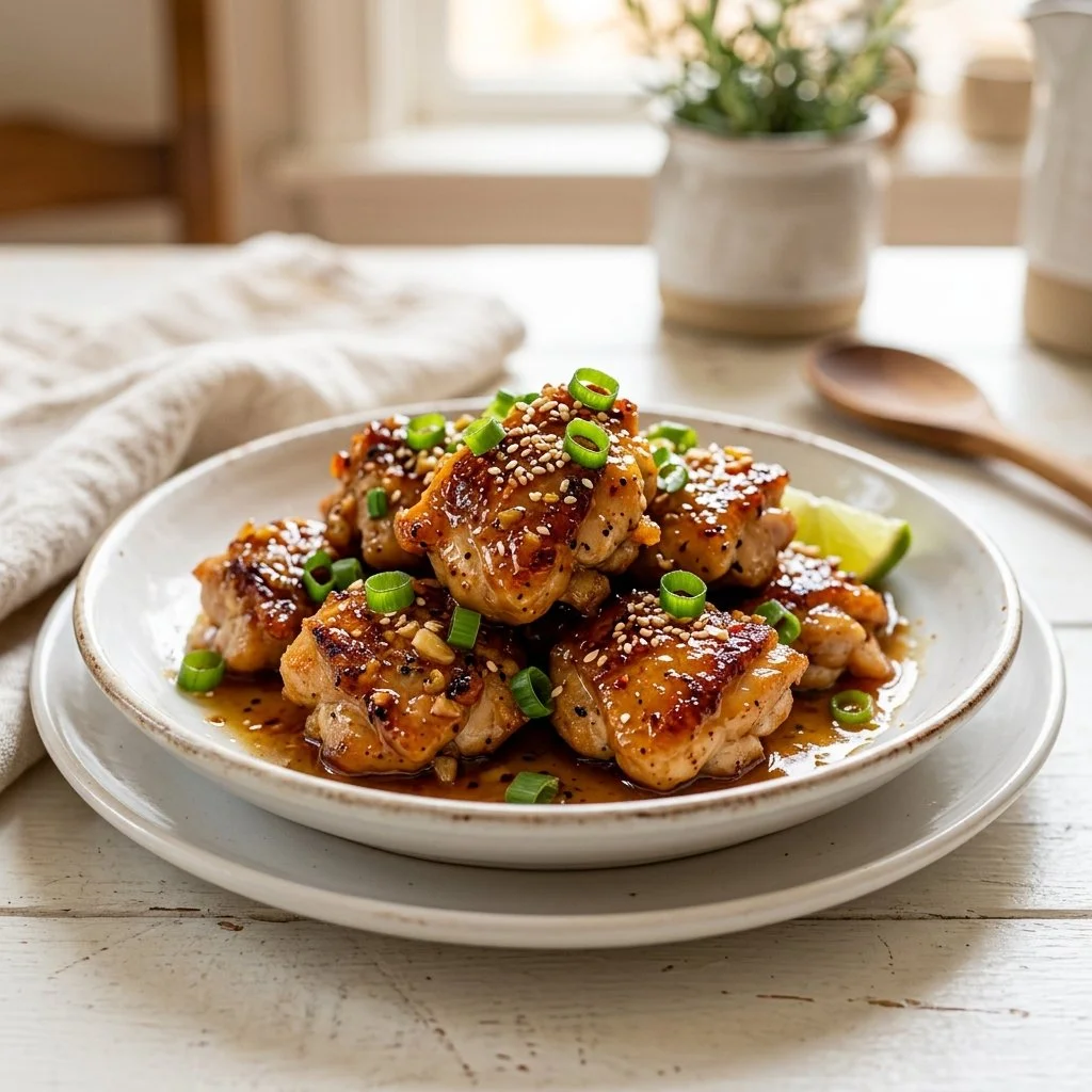 Delicious honey garlic chicken served on a plate with vegetables.