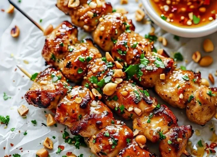 Honey Garlic Chicken Skewers with grilled vegetables on a serving platter