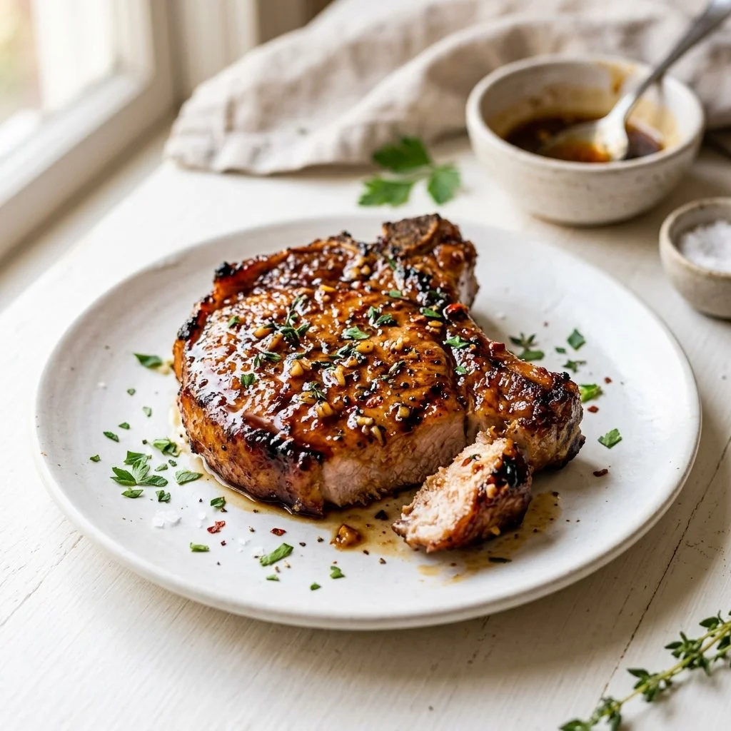 Honey Garlic Pork Chops served on a plate with sides