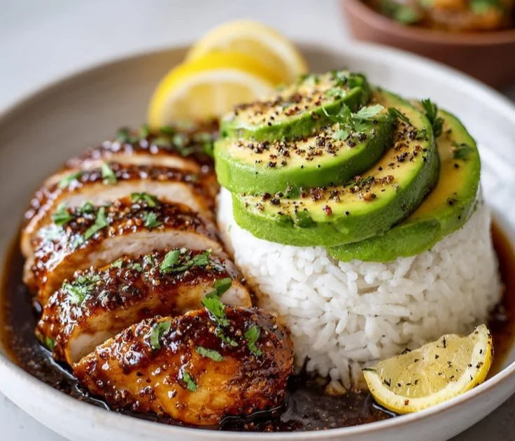 Plated Honey Lime Chicken served with avocado rice, garnished with lime and cilantro.