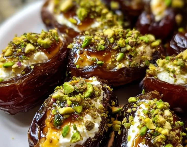 Honey Pistachio Ricotta Stuffed Dates on a plate, garnished with nuts and honey
