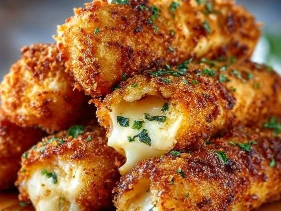 Plate of Hungarian-style crispy potato cheese sticks served with dipping sauce