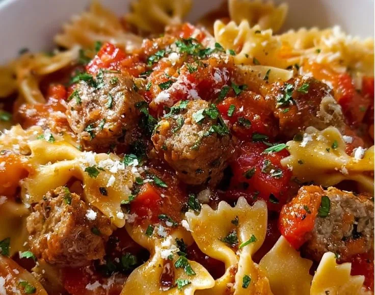 Italian sausage with bow tie pasta dish served in a bowl