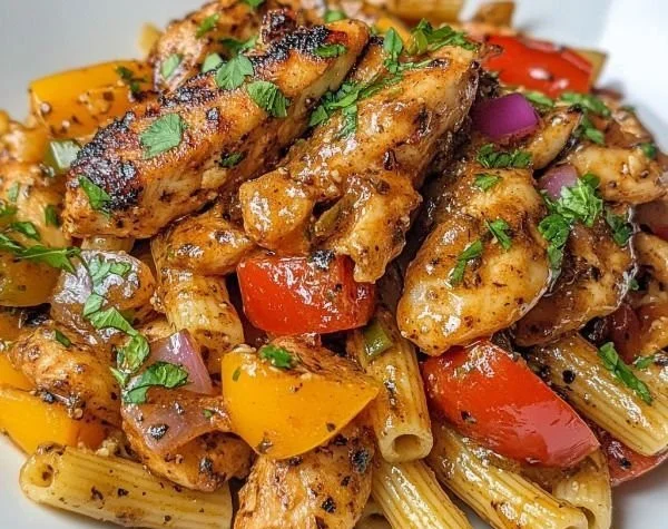 Delicious plate of Jerk Chicken served with Rasta Pasta, showcasing Caribbean cuisine.