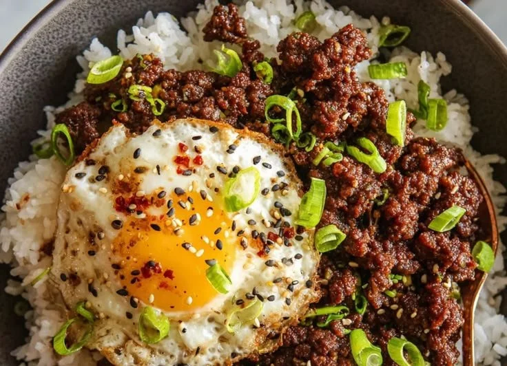 Delicious Korean Ground Beef Bowl served with rice and vegetables