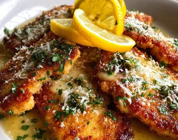 Delicious Lemon Chicken Romano served with herbs and lemon slices