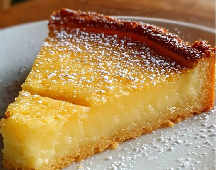 Slice of delicious lemon custard cake with a lemon garnish