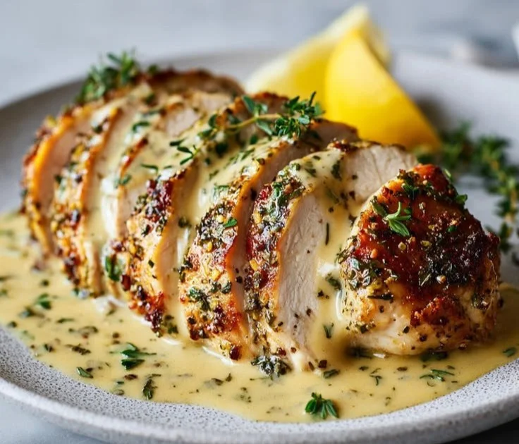 Lemon-Herb Slow Cooker Chicken served on a plate with garnish
