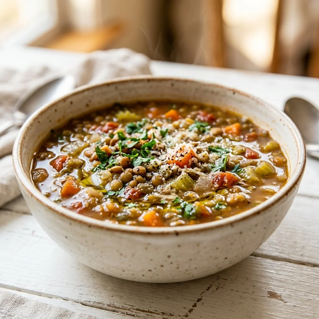 Bowl of high protein lentil soup with fresh herbs and spices