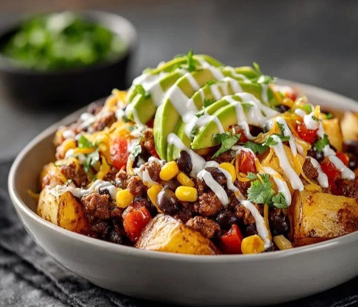 Loaded Potato Taco Bowl with crispy potatoes and fresh toppings