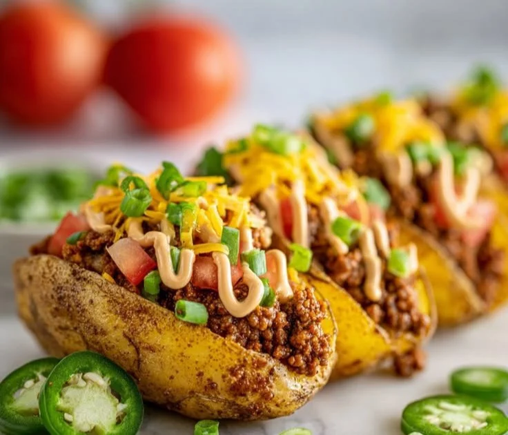 Delicious loaded potato taco bowls topped with fresh ingredients and savory flavors.