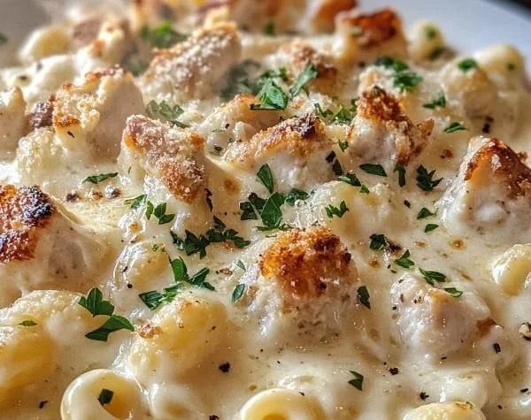 Low-calorie high-protein mac and cheese dish with fresh ingredients
