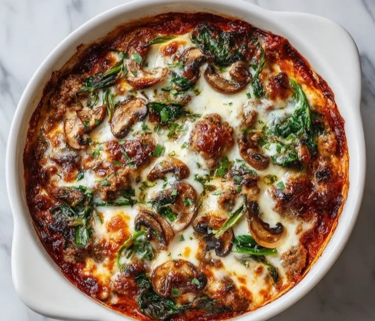 Low-carb crustless pizza bowl topped with fresh ingredients and melted cheese