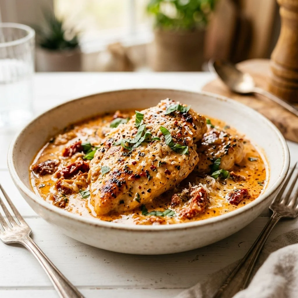 Delicious Marry Me Chicken served on a plate with herbs and sauce.