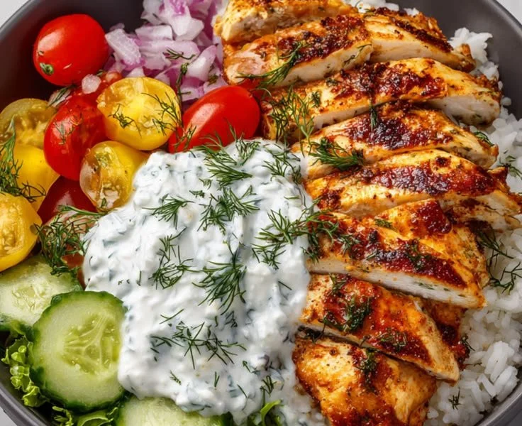 Delicious Mediterranean Chicken Tzatziki Bowls topped with fresh ingredients