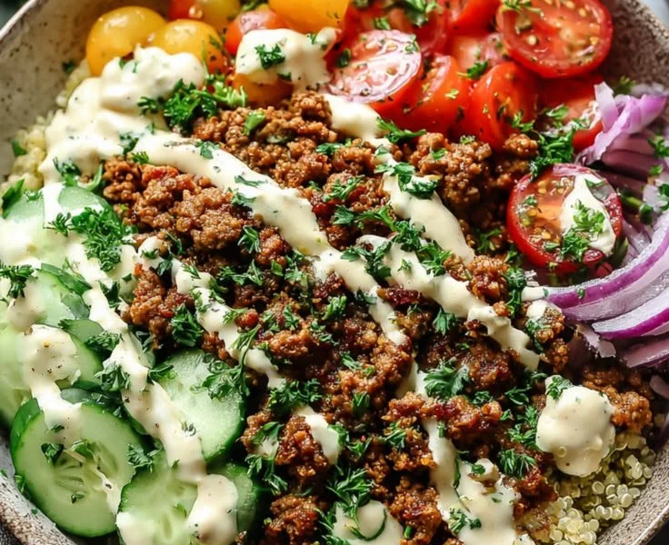 Mediterranean-Style Ground Turkey Bowl with fresh vegetables and herbs