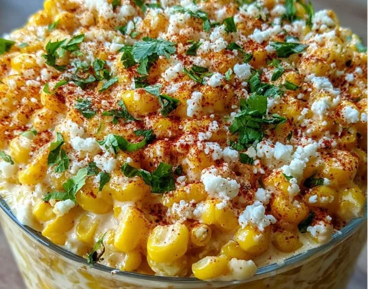 Delicious Mexican street corn topped with cheese and spices