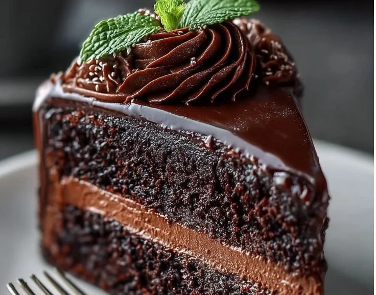 Delicious midnight fudge cake topped with chocolate ganache and cocoa powder