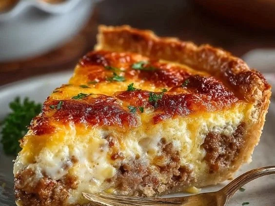 Delicious Monterey Sausage Pie featuring a golden crust and savory filling.