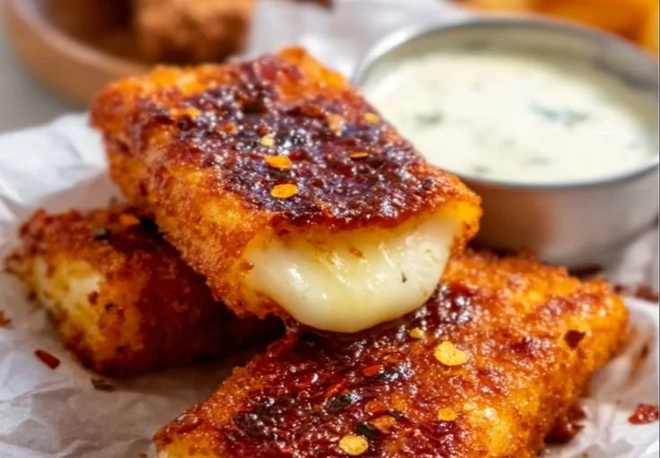 Delicious Nashville hot mozzarella sticks served with dipping sauce