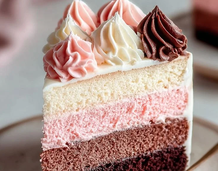 Slice of Neapolitan Cake showcasing chocolate, vanilla, and strawberry layers.
