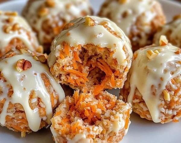 No-bake carrot cake bites topped with cream cheese frosting and shredded carrots.