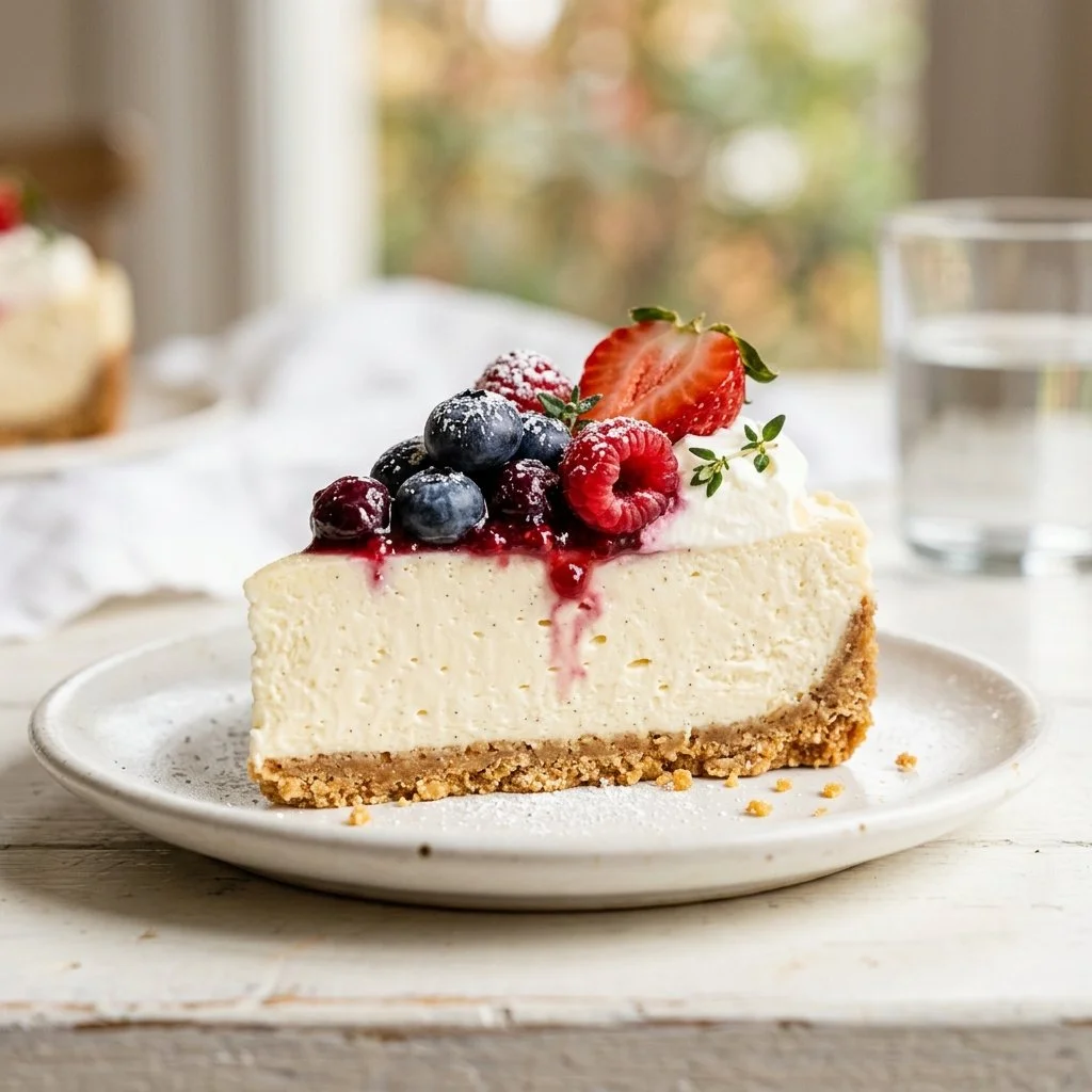 Delicious no bake cheesecake served on a plate with fresh berries.