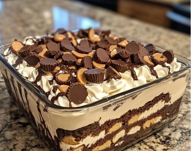 Delicious no-bake chocolate peanut butter mousse in a serving dish
