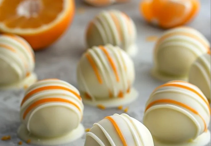 Delicious no-bake orange creamsicle truffles arranged on a plate
