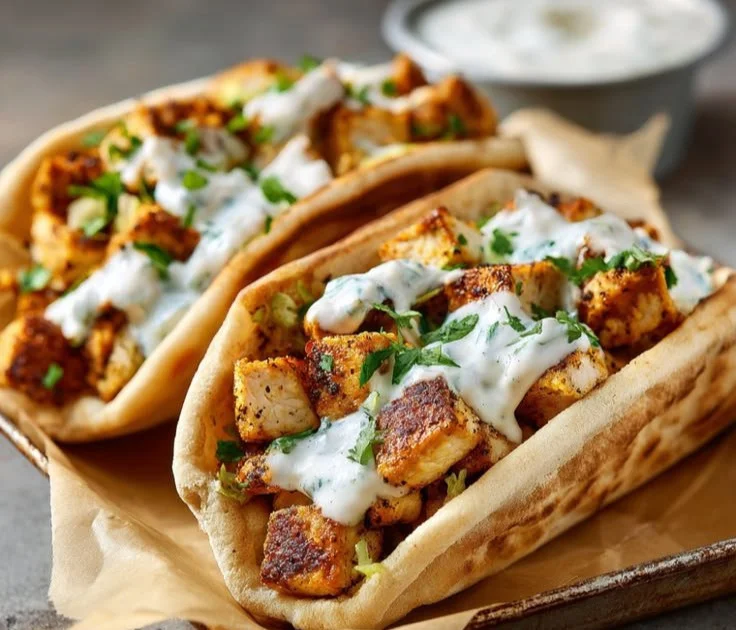 Delicious One-Pan Chicken Pitas served with fresh vegetables