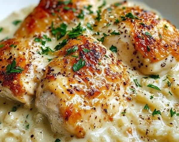 One-Pan Creamy Parmesan Chicken with Rice on a plate garnished with herbs