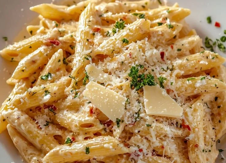 One pot creamy garlic pasta served with fresh herbs in a skillet