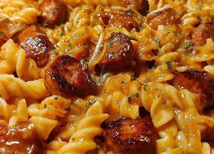 Delicious One-Pot Honey BBQ Sausage Pasta served in a bowl