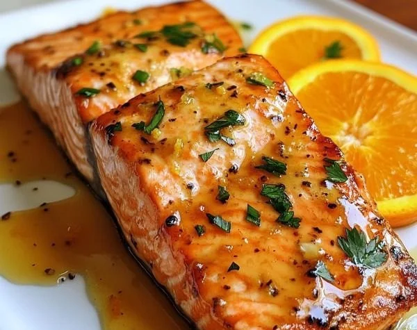 Delicious orange glazed salmon served on a plate with vegetables