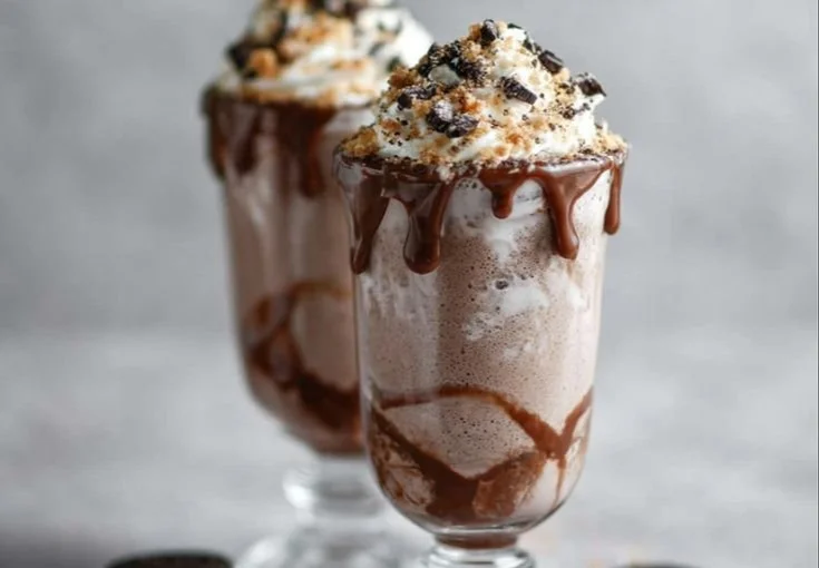 Oreo Vanilla Cream Milkshake topped with whipped cream and Oreo crumbs