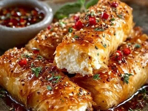 Oven fried feta rolls drizzled with chili honey on a plate