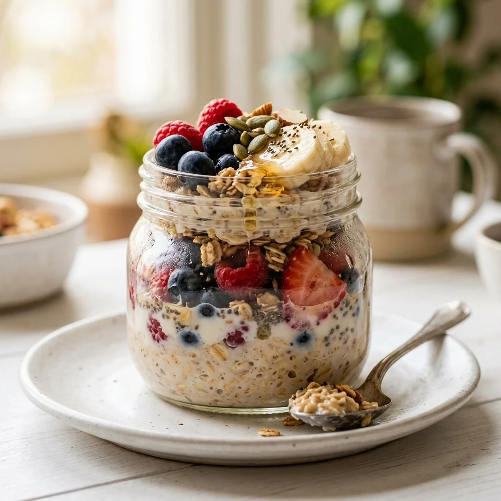 Bowl of easy overnight oats with fruits and nuts, ready for breakfast.