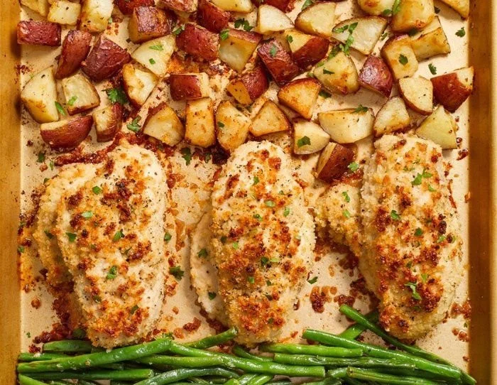 Delicious Parmesan Crusted Chicken Sheet Pan Dinner ready to serve