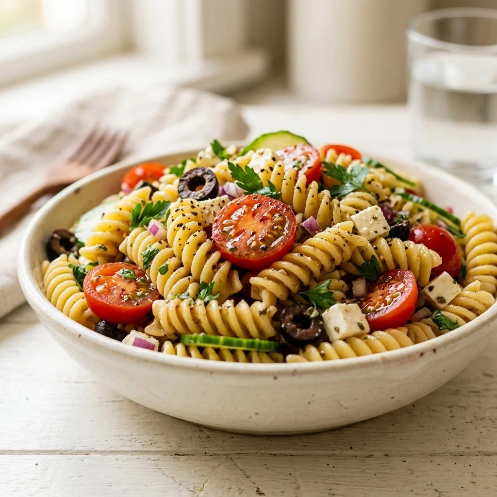 Delicious and easy pasta salad served in a bowl with fresh vegetables
